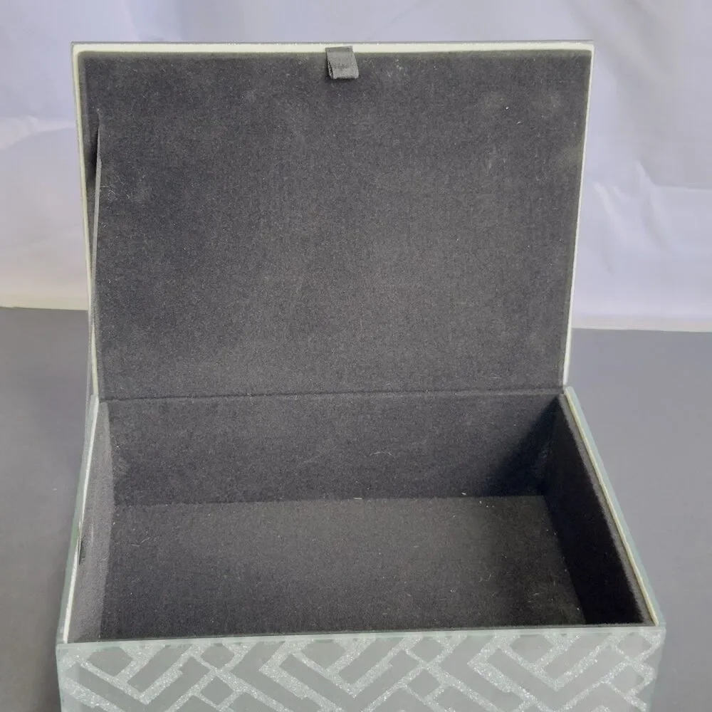 Jewelry Box Storehouse Mirrored Glass Design Trinket Black Velvet Lining Ribbon